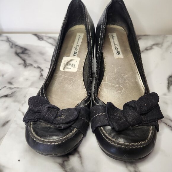 🎊3 FOR $10  AMERICAN EAGLE WOMENS SIZE 8W BLACK WEDGE HEELS WITH BOW ON TOE - Picture 1 of 9